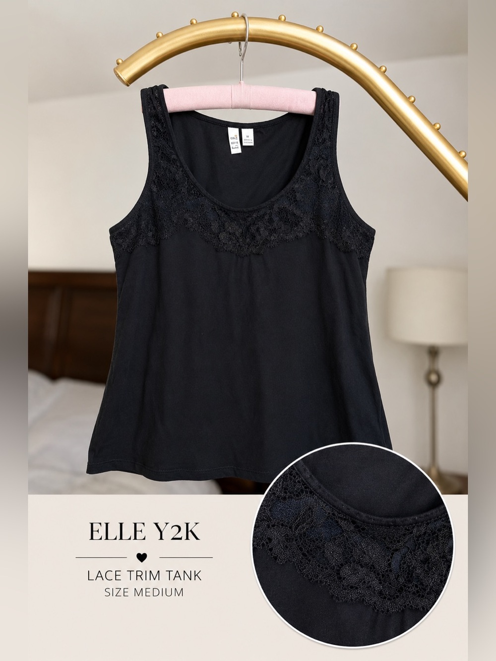 Elle Y2K Lace Trim Tank in Black - Size Medium